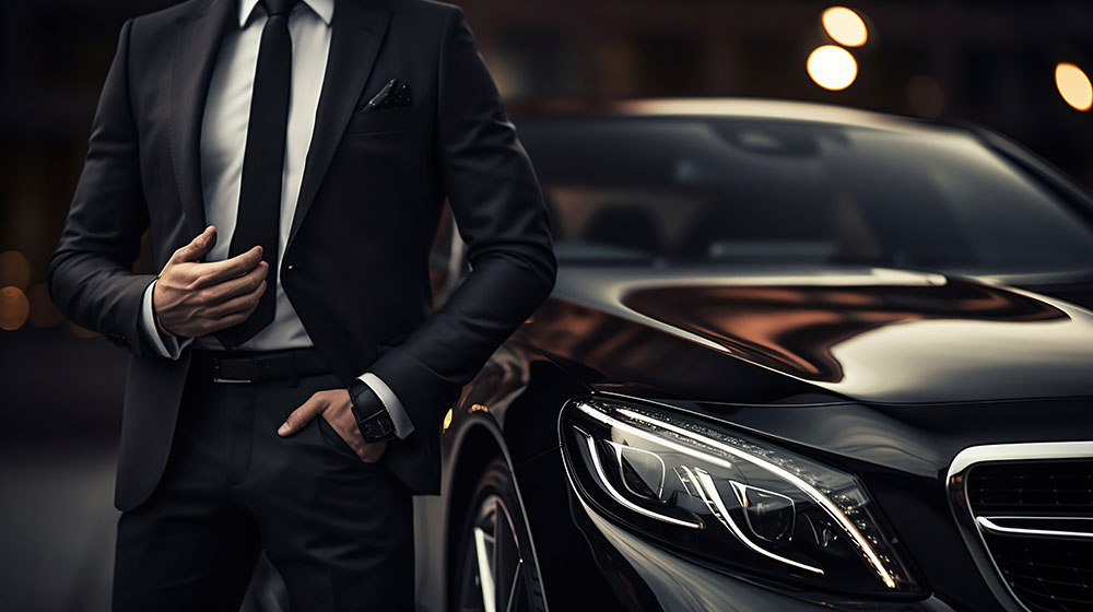 top business standing outside a luxury vehicle