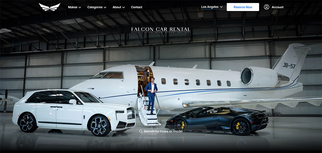 Homepage of Falcon Car Rental showcasing exotic cars.