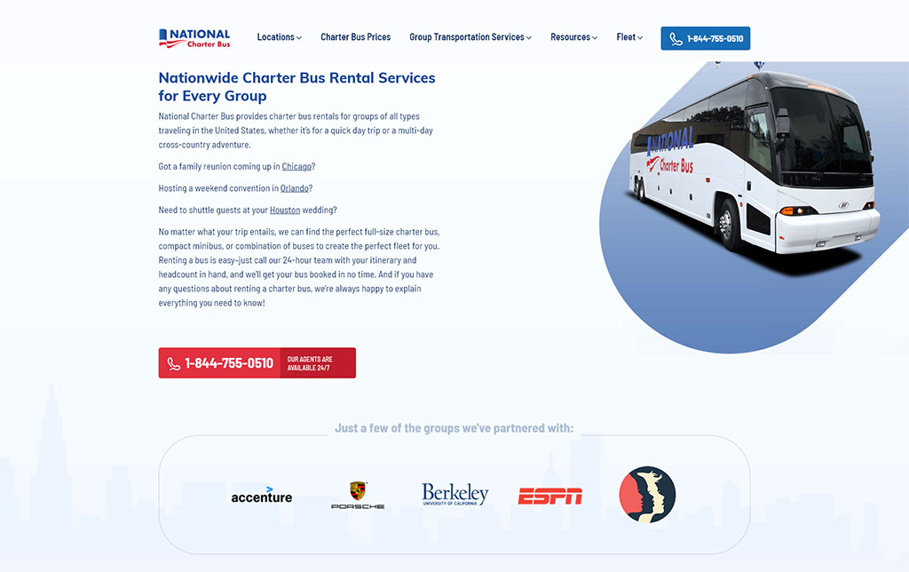 National Charter Bus logo and service information.