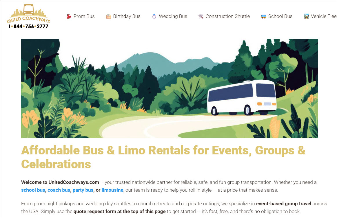 United Coachways party bus and limo service graphic.
