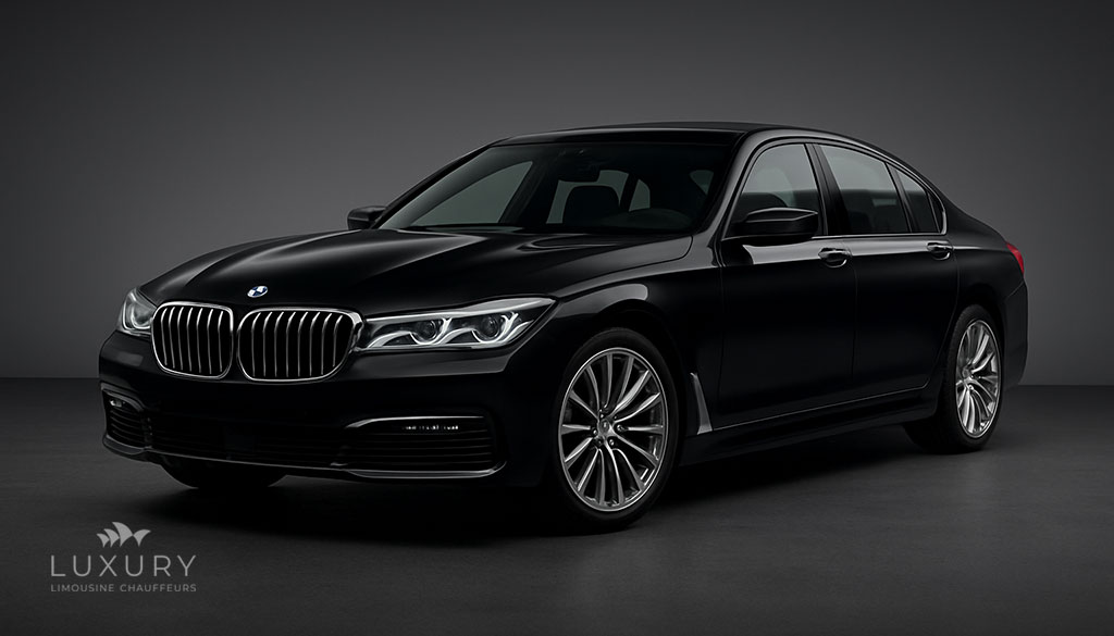 A BMW 7 Series with its illuminated kidney grille in a dimly lit setting.