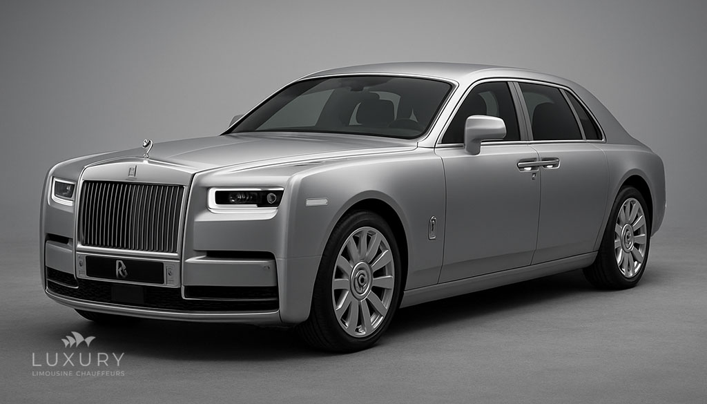 A silver Rolls-Royce Phantom parked in front of a modern building.